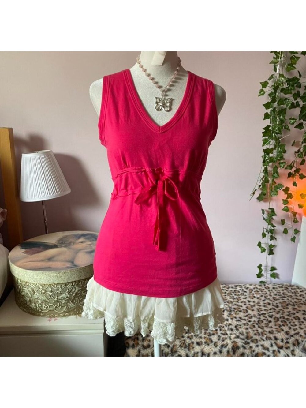 Y2K Athletic Works pink cotton & spandex tank top with tie detail